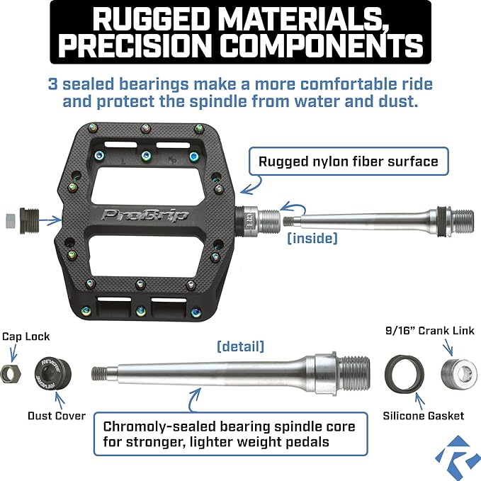 Revere Pro Grip MTB Mountain/Gravel Bike Pedals, Ultra Smooth Bearings, Non-Slip Indestructible Lightweight Nylon Composite Bicycle Platform Pedals 9/16" Spindle, Replaceable Oil Slick or Gold Pins