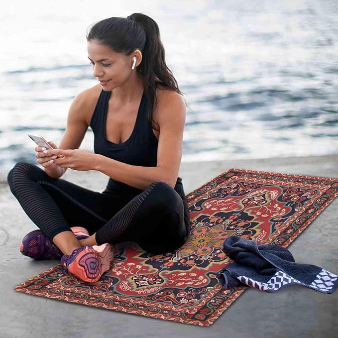 Kigai Yoga Mat Red Persian Design Fitness Mat Eco-Friendly Non Slip Portable Foldable Floor Workouts Mat for Pilates Home Gym Exercise Beach 70.8x26 inch