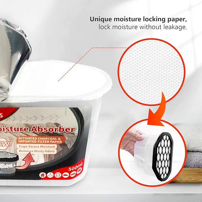 Vacplus Moisture Absorbers 6 Pack, 10.5 Oz Portable Humidity Absorber Boxes for Your Bathroom, Closet & Car, Dehumidifier with Activated Carbonfor, Black