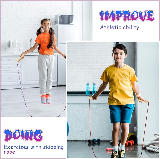 Aoriher 12 Pcs Jump Ropes for Kids Adjustable 7 ft Cotton Skipping Ropes with Wooden Handle for Students Fitness Outdoor Exercise Workout Fun Activity, Random Color