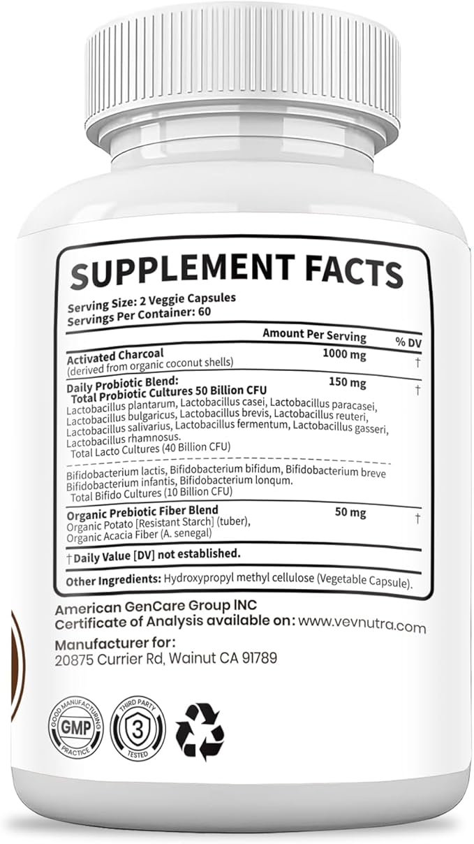 VEV Activated Charcoal with Organic Coconut Shell Charcoal & 50 Billion Probiotics – 120 Vegan Capsules for Digestive Wellness & Dietary Support