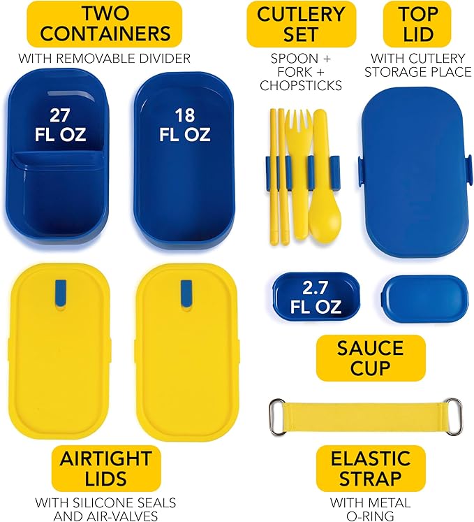 Insulated Stackable Bento Box for Adults with Reusable Chopsticks Japanese Lunch Box Microwavable & Leak Proof Lunch Containers for Men & Women Modern Cute Food Container with Compartments (Blue)