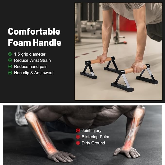 Parallettes Bars, 16 INCH Solid Wood Push Up Bars with Anti-Slip Grip for Calisthenics, Handstand, Floor Workouts, Sturdy Metal Bracket Supports Up to 600 lbs for Home Gym, CrossFit & Fitness Training