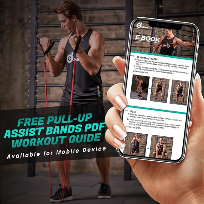 Odoland 5 Packs Pull Up Assist Bands, Pull Up Straps, Resistance Bands with Door Anchor and Handles, Stretch Mobility, Powerlifting and Extra Durable Exercise Bands with eGuide