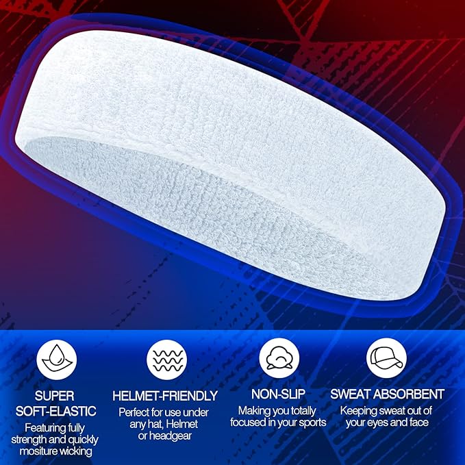 Sweatbands Sports Headband for Men & Women, Moisture Wicking Hairband Athletic Towel Headbands Cotton Head Sweat Bands for Running, Cycling, Yoga, Spa