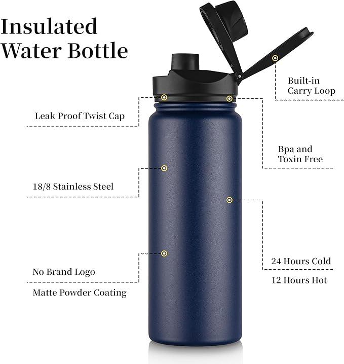 24 oz Insulated Water Bottle Bulk 8 Pack, Stainless Steel Sports Water Bottles with Straw Lid & Wide Mouth Lids, Double Walled Vacuum, Leak Proof, Blue