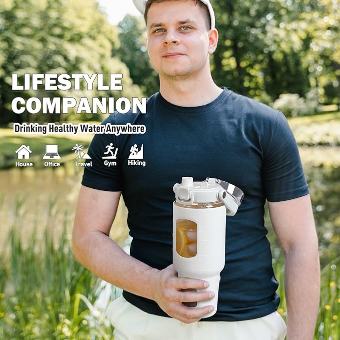 BLUEGO 40 oz Glass Water Bottle with Straw, Leakproof and Time Marker, Wide Mouth for Travel, Gym and Workout, White