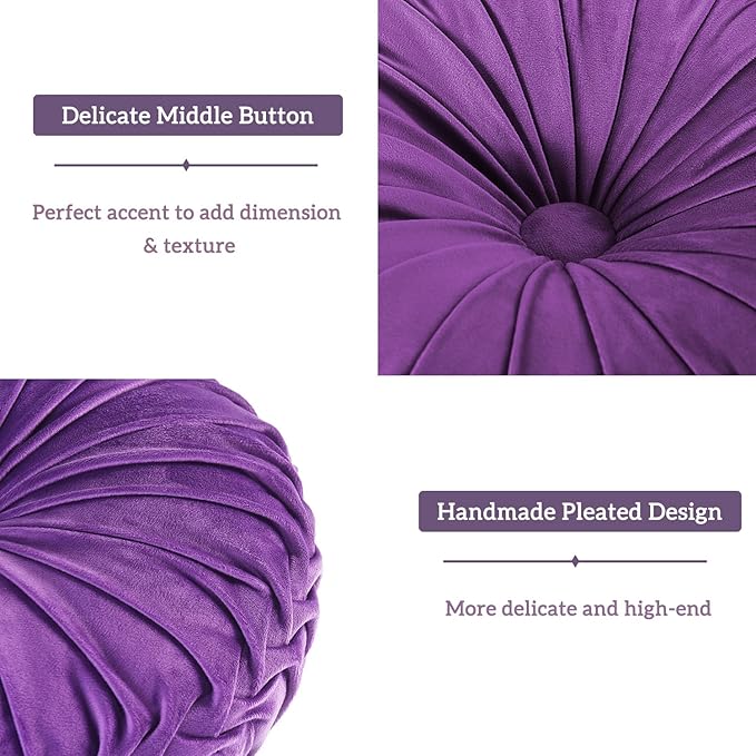 HIG Set of 2 Decorative Round Pleated Throw Pillows, Classy Accent Pumpkin Throw Pillows with Center Button, Vintage Velvet Floor Pillows for Sofa Vanity Chair Bed, Purple, 14.5" Diameter(Ripple)