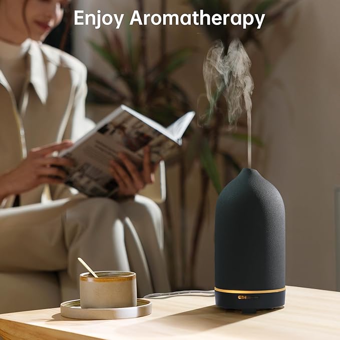 Wanlola Essential Oil Diffuser,120ml Aromatherapy Ceramic Diffusers with Auto Shut Off Function for Home Office Room(Black)