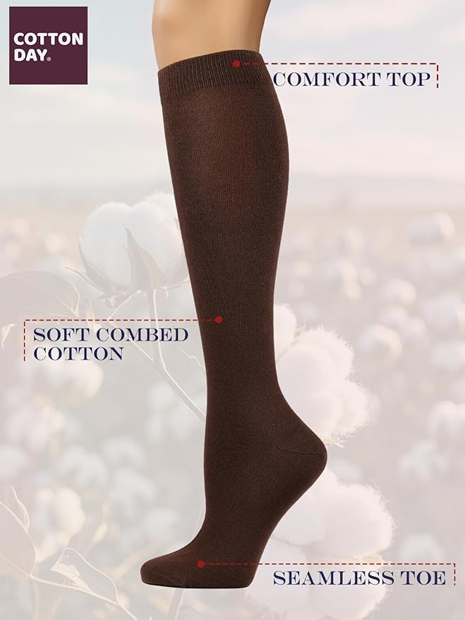COTTON DAY Women's Soft Combed Cotton Knee High Long Calf Dress Socks Seamless Toe Black White Gray Navy Blue Brown