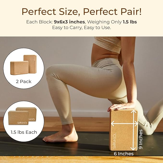 Cork Yoga Blocks 2 Pack | 9x6x3 Inch Natural Cork Block Set | High-Density Yoga Blocks for Stability & Support | Eco-Friendly Yoga Essentials