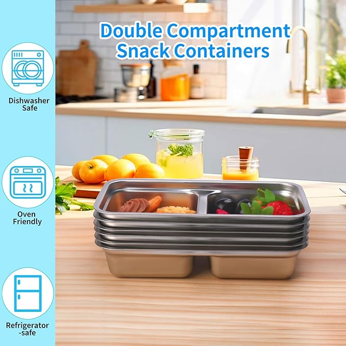 Grab and Go Snack Containers Reusable, 6 Pcs Stainless Steel Double Compartment Snack Containers, Dishwasher- Reusable Condiment with Lids for Snacks Dips and Outdoor Camping (6 PCS)