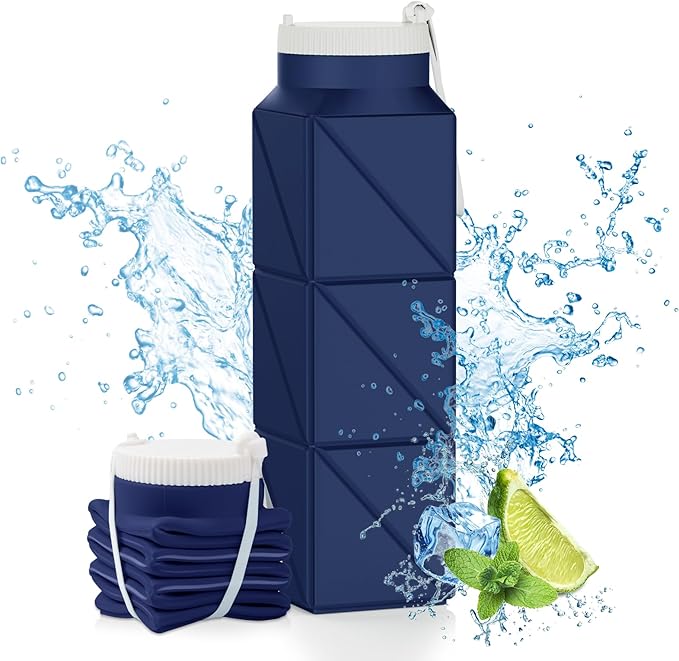 610ml Collapsible Water Bottles Upgrade Foldable Water Bottle BPA Free Reusable Lightweight LeakProof Silicone Water Bottles 20.6oz for Travel Hiking Office Camping Outdoor Sport Dark Blue
