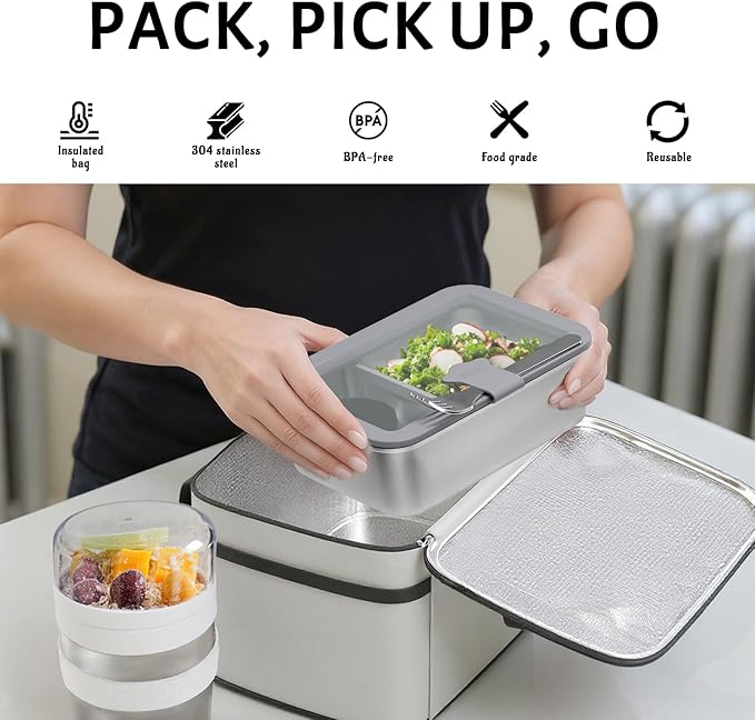 Stainless Steel Bento Box Set for Adult - 42oz Leak-Proof Lunch Box Containers with Thermo, Insulated Bag for Work Travel Dining Out