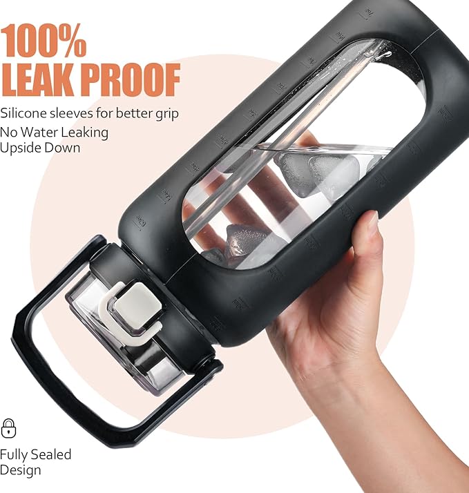 BLUEGO 64oz Glass Water Bottle with Handle and Straw, Motivational Sports Water Bottle with Time Marker and Silicone Sleeve Leakproof Drinking Bottle for Travel Gym Workout, Black