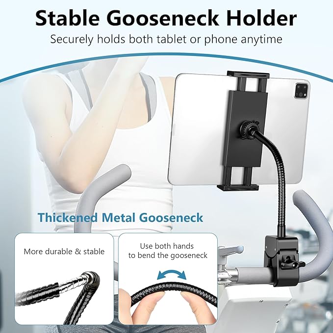Gooseneck Tablet Holder, iPad Holder for Stroller/Treadmill/Golf Cart/Boat/Mic Stand/Wheelchair/Gym Bicycle Handlebar Clamp, Compatible with 4.7-12.9" Tablets and Phones,Galaxy, E-Readers