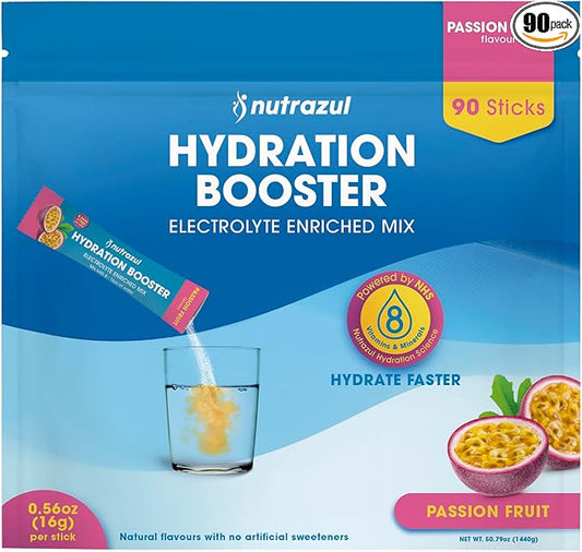 Nutrazul Hydration Booster 90 Sticks | Supports Rapid Hydration | Electrolyte Enriched Mix | No Artificial Sweeteners | Passion Fruit Flavour| Vegan, Gluten-Free, Non-GMO