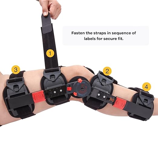 Hinged ROM Knee Brace with Shoulder Strap Post Op Knee Immobilizer Adjustable Knee Support with Side Stabilizers Medical Knee Orthopedic Support for Men and Women, Left or Right Leg (Red)