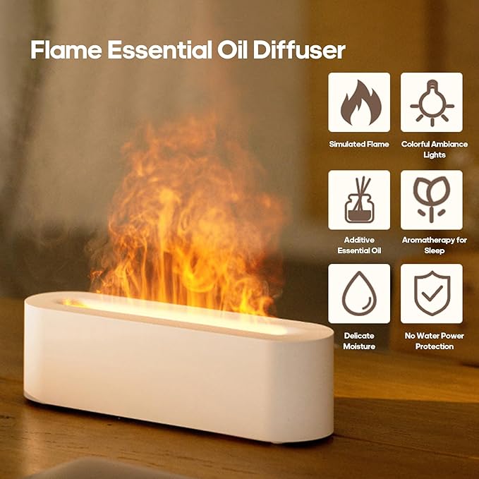 Essential Oil Air Diffuser Flame Colorful Water Vapor Fire Fireplace Humidifier for Aromatherapy Aroma Therapy Machine Room Bedroom,Flame Diffuser for Essential Oils,White