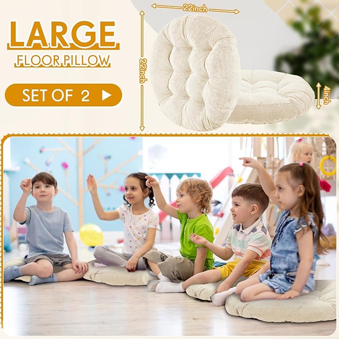 Jerify Floor Pillow Cushions 22 x 22 Inch Round Square Large Meditation Floor Pillow for Classroom Adult Meditation Picnic Party Cushion for Seating Gift Christmas(Round,Beige,2 Pcs)