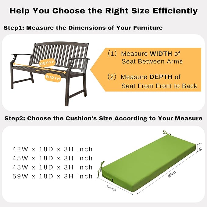 idee-home Outdoor Bench Cushion Waterproof, Bench Cushions for Outdoor Furniture, Patio Porch Swing Replacement Seat Pad with Ties for Garden Backyard, 59 x 18 Inch Green