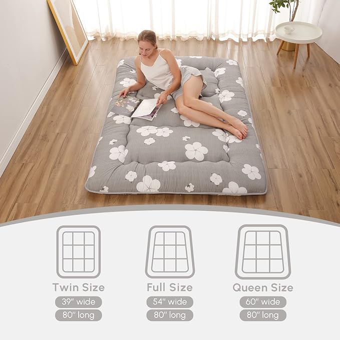 Japanese Floor Mattress, Futon Mattress with Portable Storage Bag and Washable Cover, Roll Up Thick Tatami Mat Suitable for Camping, Guest Room, Grey Cotton, Twin
