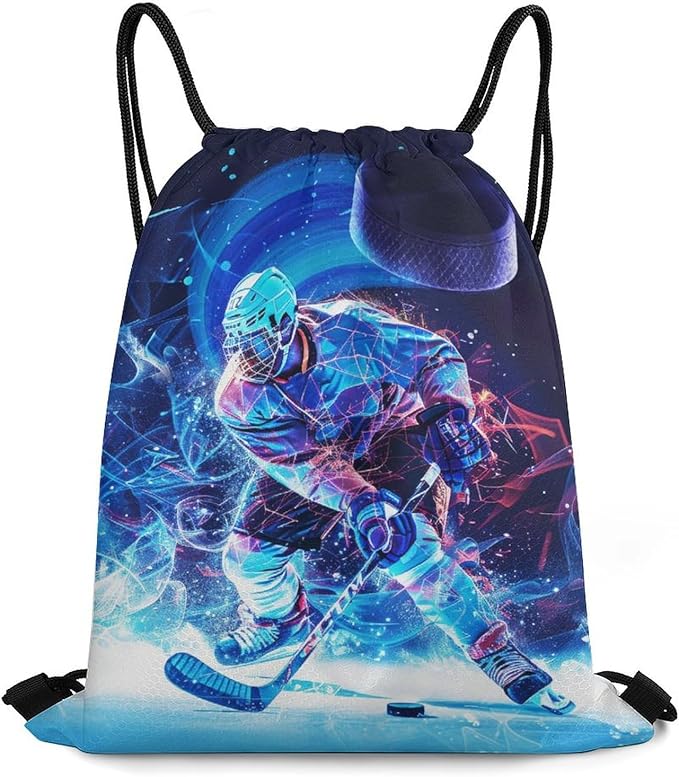 Hockey Drawstring Backpack - Cool Cinch Sack, String Backpacks for Kids Women Men Boys Girls for Gym Outdoor Sports Travel Athletic Drawstring Bag - Lightweight/Foldable