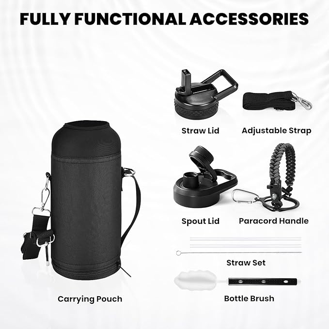 Insulated Water Bottle 32 oz, Triple Wall Vacuum Stainless Steel (Cold for 48 Hrs), Leak Proof & Non-BPA, Modern Water Flask Jug with Paracord Handle & Straw Spout Lids, Dark Grey