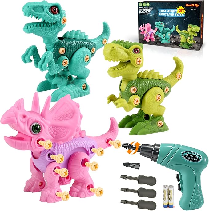 FREE TO FLY Dinosaur Toys for 3 4 5 6 7 8 Year Old: Take Apart Dinosaur Learning Toys for Kids 3-5 5-7, STEM Building Construction Set with Electric Drill, Birthday Girls Boys