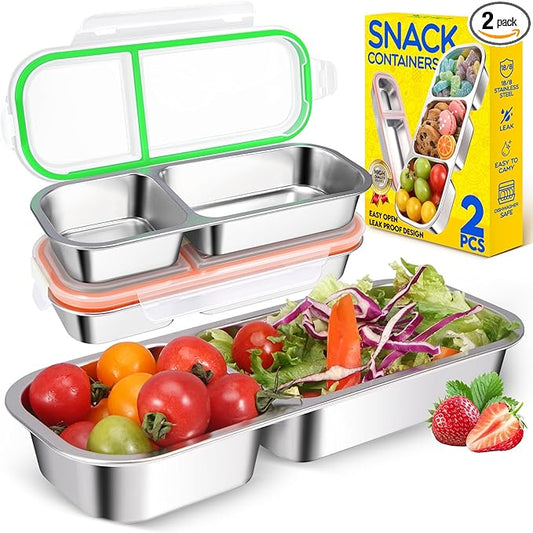 2Pack Stainless Steel Snack Containers for Kids Adults, Reusable Double Compartment Snackle Box Container with Leakproof Lids Metal Bento Lunch Food Snack Box for Travel Picnics Camping Office School