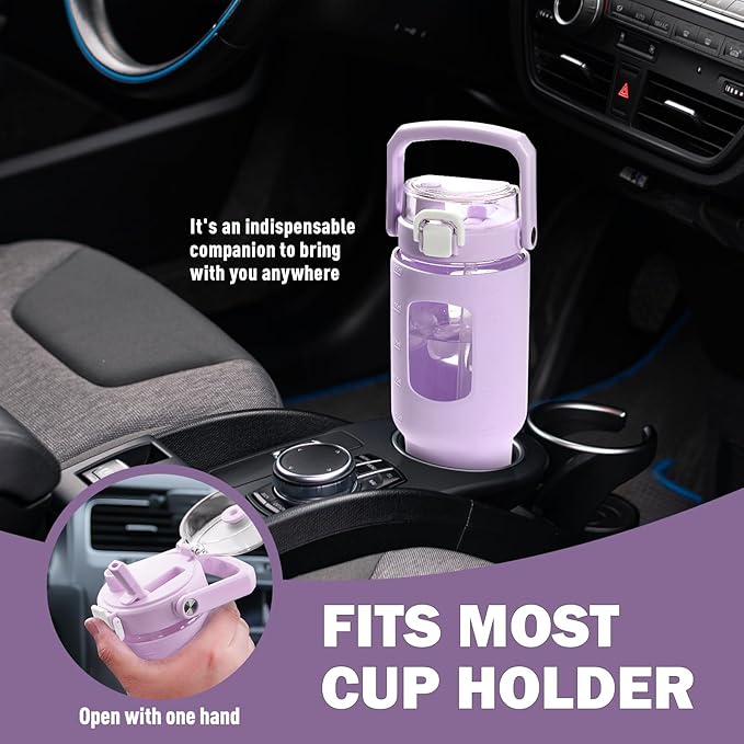 BLUEGO 40 oz Glass Water Bottle with Straw, Leakproof and Time Marker, Wide Mouth for Travel, Gym, Workout, Purple