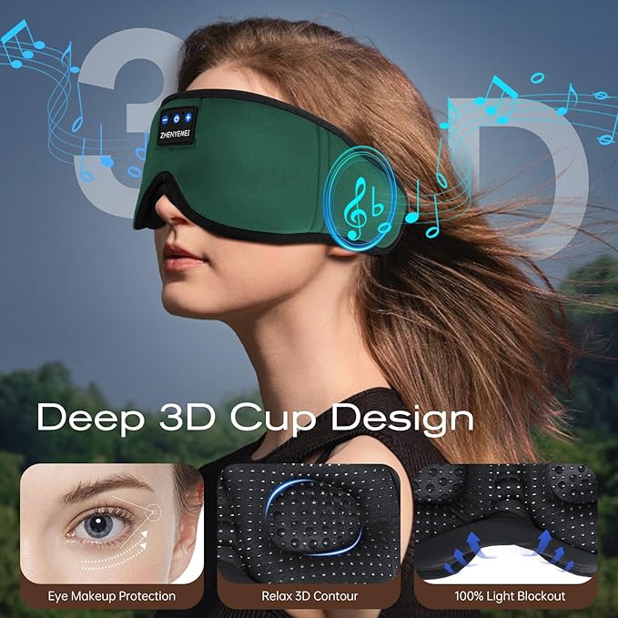 3D Sleep Mask with Bluetooth Headphones, Sleeping Headphones for Side Sleepers, Wireless Music Eye Mask with Ultra-Thin Stereo Speakers for Men, Women, Tech Gifts, Deep Green