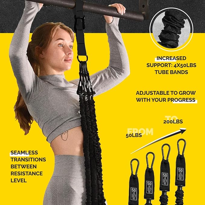 Pull Up Assistance Bands Set - 4 Heavy-Duty Pull Up Bands, Height Adjustable Strap & Comfortable Foot Strap - Stackable Pull Up Resistance Bands for Pull Ups