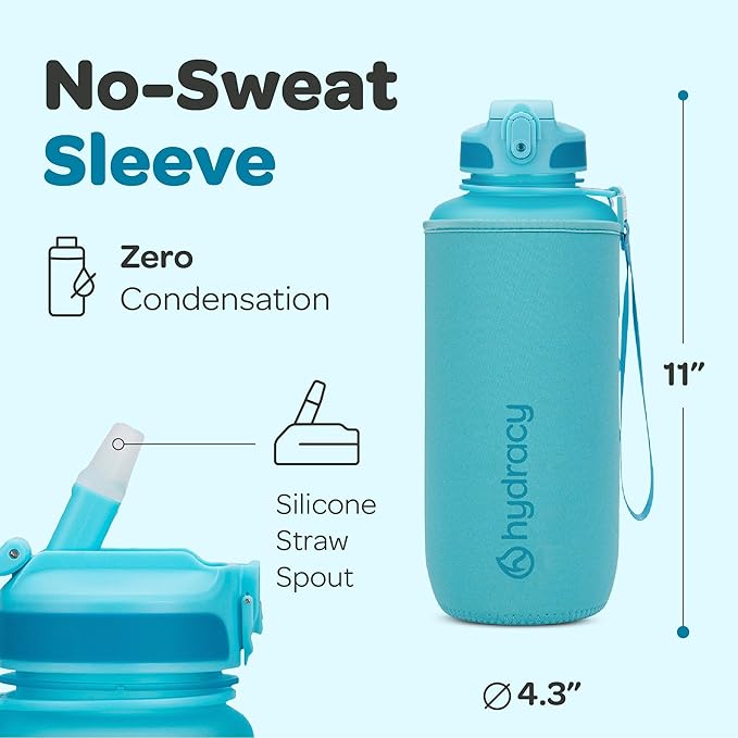 Hydracy Water Bottle with Time Marker -Large BPA Free Water Bottle & No Sweat Sleeve -Leak Proof Gym Bottle with Fruit Infuser Strainer & Times to Drink -Ideal for Fitness Sports & Outdoors