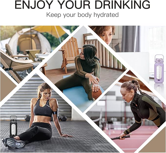 64oz Glass Water Bolttles with Straw Half Gallon Large Motivational Water Bottle with Time Marker Sports Water Bottles with Silicone Sleeve and Handle Lid Water Jug for Gym Workout