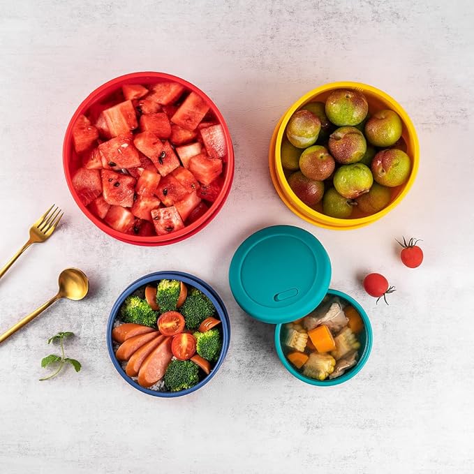 KSENDALO 4-Piece Silicone Food Storage Container Set with Lids (1300mL to 251mL) – Reusable, Leak-Proof for Meal Prep, Lunch, Travel & Camping-Purple