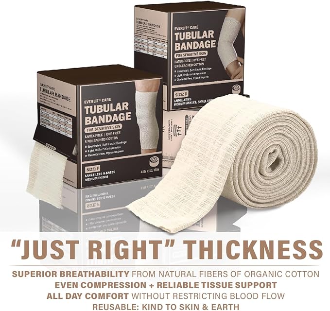 EVERLIT 560D Cotton Blend Elasticated Tubular Support Bandage | Latex-Free, Breathable Stockinette for Arm, Knees, Legs | Moderate to High Compression for Sensitive Skin (Size E | 3.5" x 11 yd)