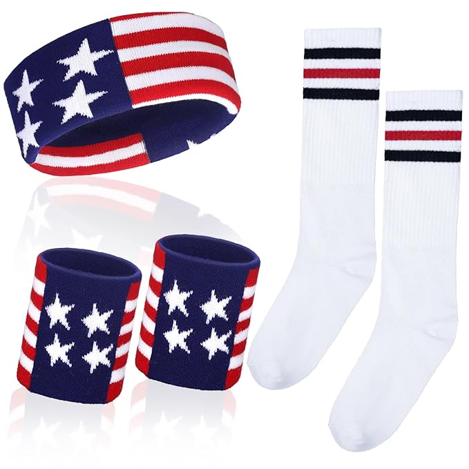 Skylety 5 Pcs Striped Sweatband Sock Set Wrist Sweatband Headband High Striped Headband for Men Women Sports 80s Party(White, Navy Blue and Red)