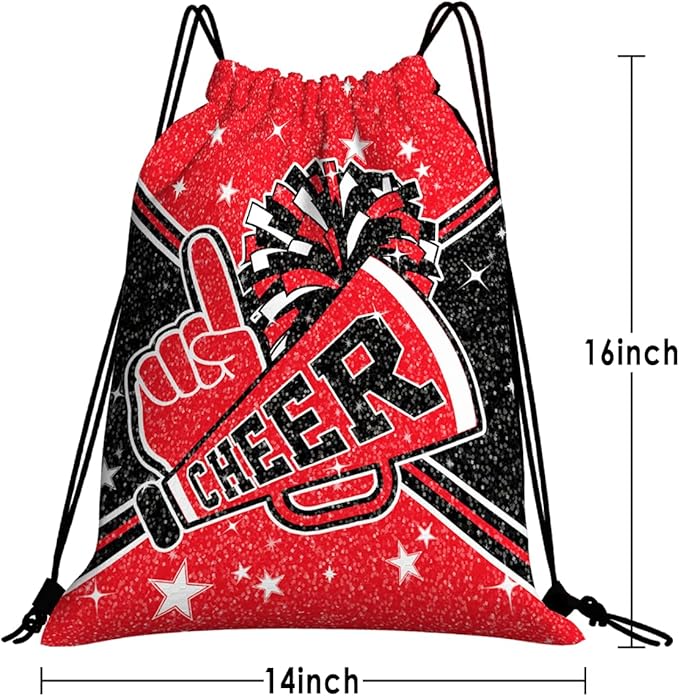 Cheerleading Drawstring Bag Gift Set Including Drawstring Sackpack Stickers Lanyard Keychains Bracelets Hair Ties 6 Pcs(Red)