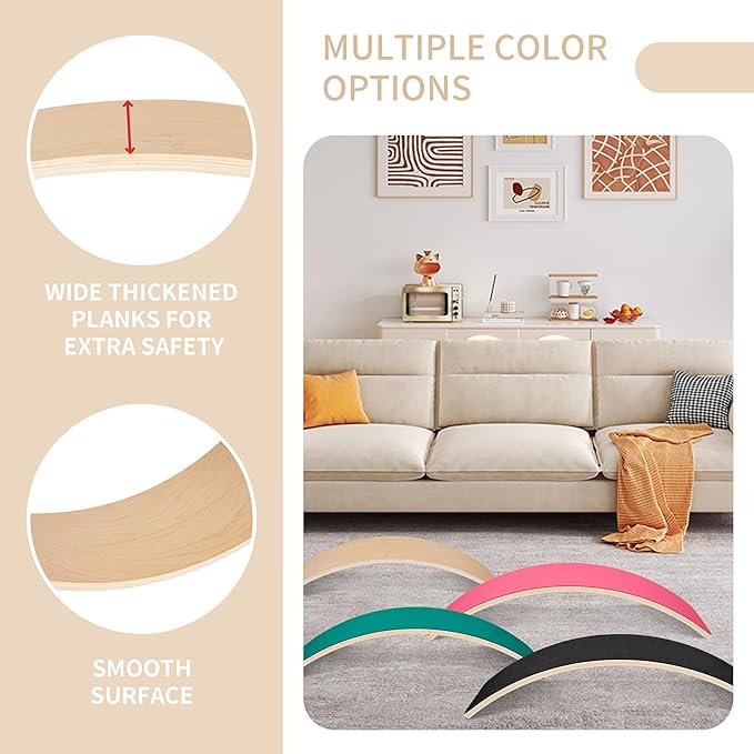 Balance Board, 32 Inch Wooden Wobble Board, Montessori Rocker Yoga Curvy Board Natural Wood, Open Ended Learning Toy, Sensory Play Equipment for Office & Classroom, Multiple Colors