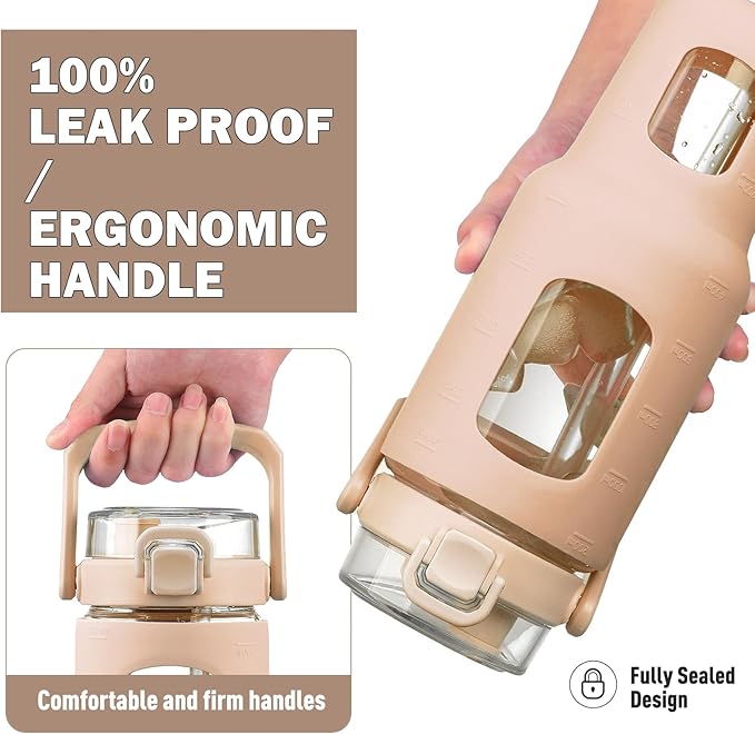 BLUEGO 40 oz Glass Water Bottle with Straw, Leakproof Glass Drinking Bottle with Time Marker and Silicone Sleeve, Wide Mouth Water Bottle for Travel, Gym, Workout, Amber