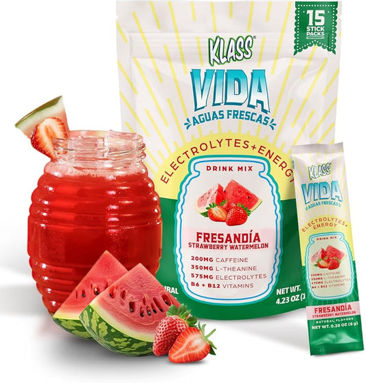 Hydration + Energy Electrolyte Drink Mix – Strawberry Watermelon Agua Fresca Flavor | Sugar-Free Powder with Caffeine, L-Theanine, Coconut Water & Minerals | 15 Single-Serve Stick Packs