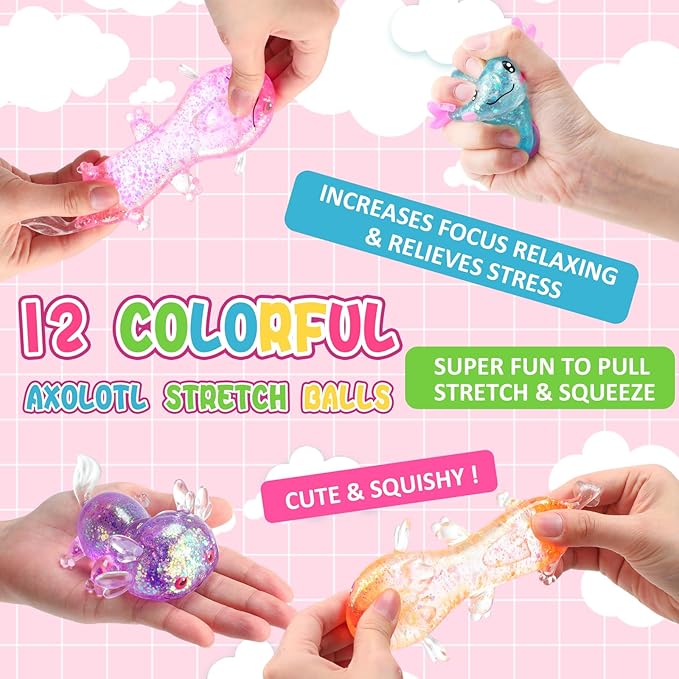 Meooeck 12 Pack Axolotl Stress Relief Toys Glitter Axolotl Starfish Stress Balls Fun Relaxing Squeeze Fidget Toys Relieve Anxiety Squeeze for Birthday Party Goodie Bag Stuffers(Mixed Style)