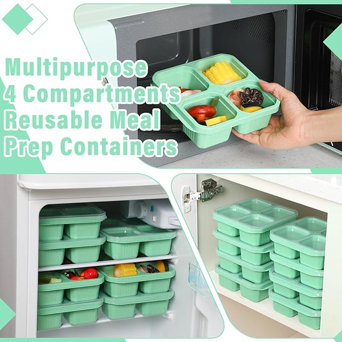 12 Pcs 4 Divided Compartments Snack Containers Bento Wheat Straw Snack Box with Lid Reusable Meal Prep Lunch Box Food Storage Containers for Adults Travel Work (Green)