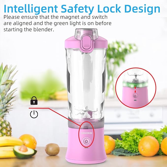 DENOKIN Portable Blender,Personal Size Blender for Shakes and Smoothies (Purpleish Pink, 20oz)