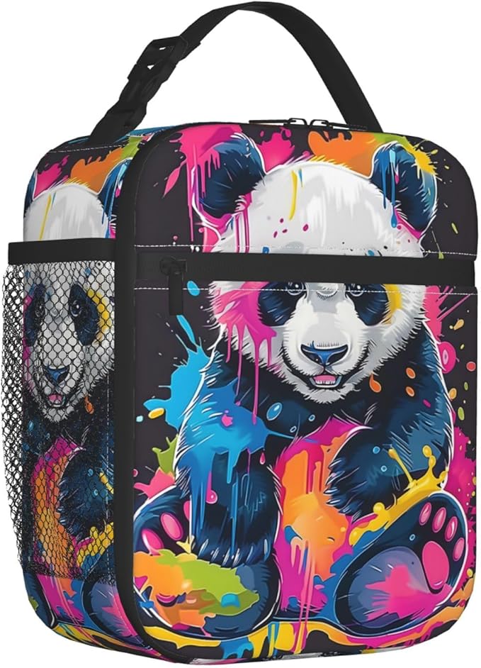 Funny Panda Lunch Box for Women Girls Boys Kids, Insulated Cooler Color Splash Panda Lunch Bag for School, Picnic, Office, Work, Travel, Portable Polyester Thermal Reusable Tote Lunch Bags