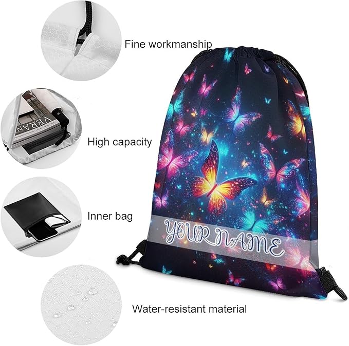 Custom Butterfly Drawstring Backpack - Cute Cinch Sack, String Backpacks for Kids Boys Girls Women Men for Gym Outdoor Sports Travel Athletic Drawstring Bag - Lightweight/Foldable