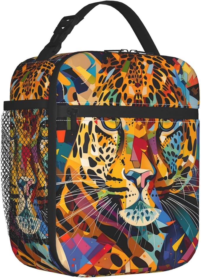 Colorful Leopard Face Pattern Insulated Lunch Box Gifts for Kids Adults Vibrant Cheetah Print Reusable Portable Lunchbox Cooler Lunchbag for Work Picnic School Travel or Hiking