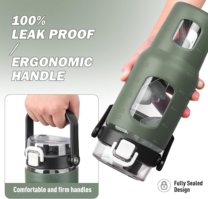 BLUEGO 32oz Glass Water Bottles with Straw Time Marker Half Gallon Large Motivational Water Bottle with Silicone Sleeve 2 Liter Large Glass Water Jug for Gym, Sports& Workout, Daily, Olive