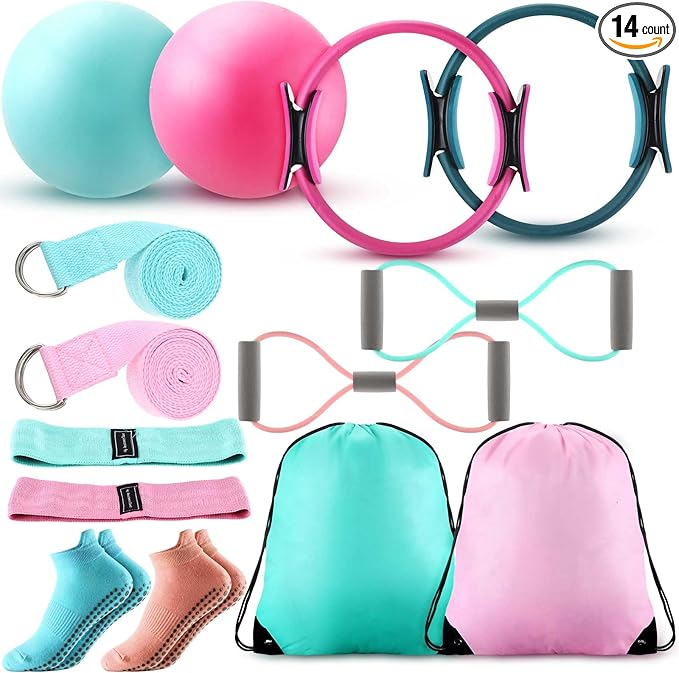 Poen Home Pilates Kit for Women Pilates Equipment Ring and Ball Set with Stretching Strap 8 Resistance Bands Non Slip Socks Gym Back Bags Exercise Equipment for Workout